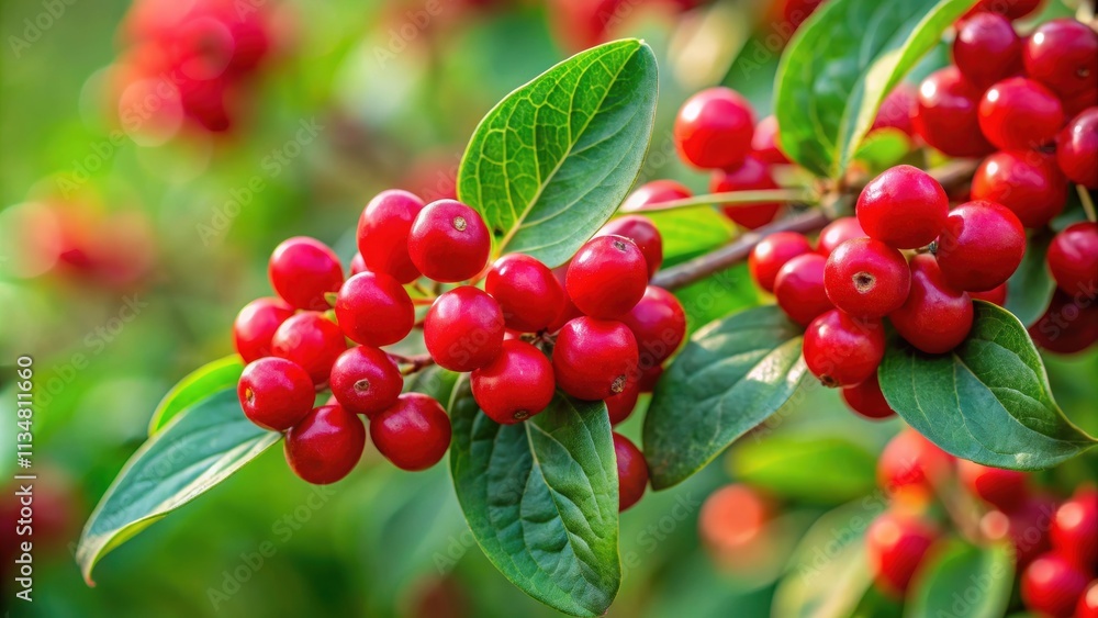 Close-up of juicy red forest honeysuckle berries , vibrant, natural, ripe, close-up, forest, honeysuckle, berries, red, foliage Close-up of juicy red forest honeysuckle berries , vibrant, natural, ripe, close-up, forest, honeysuckle, berries, red, foliage