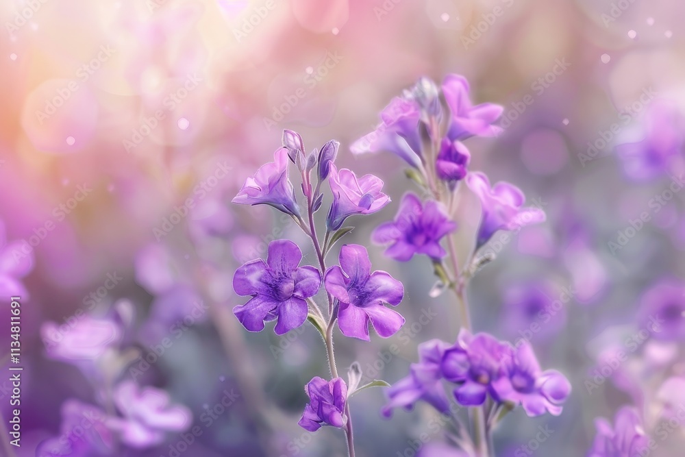 Delicate purple flowers flourish in a serene garden, bathed in the soft light of a warm spring afternoon, creating a colorful and calming atmosphere. Delicate purple flowers flourish in a serene garden, bathed in the soft light of a warm spring afternoon, creating a colorful and calming atmosphere.