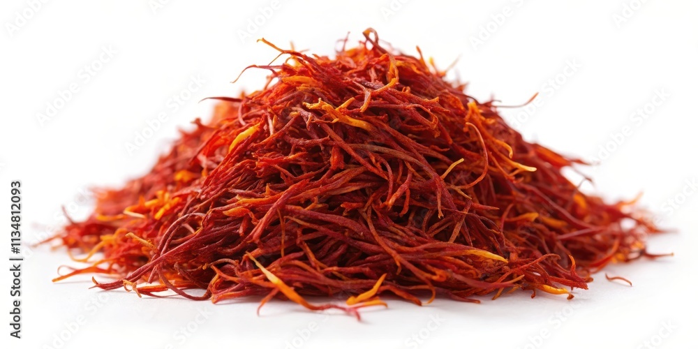 Naklejka premium Safran isolated on white background, saffron, spice, herb, ingredient, yellow, exotic, culinary, seasoning, aromatic, flavor