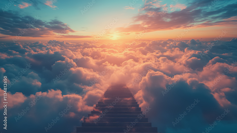 Fototapeta premium Staircase leading into clouds towards a sunset