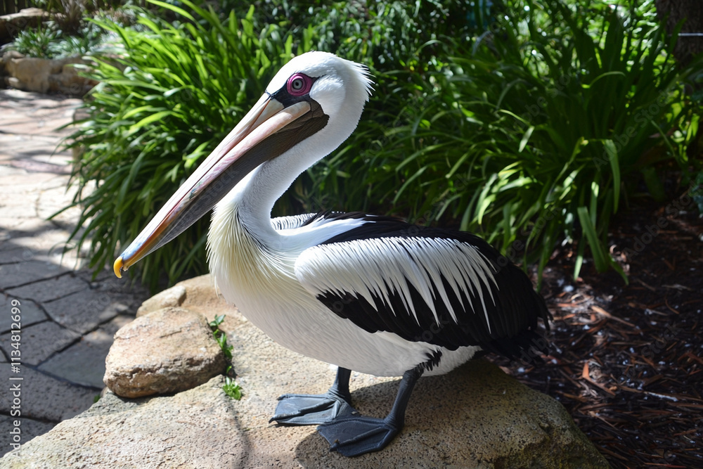 Pelican resting on a rock surrounded by greenery Pelican resting on a rock surrounded by greenery