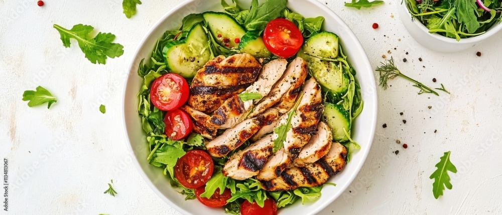 Grilled Chicken Salad with Cucumber, Tomato, and Arugula in a Bowl Grilled Chicken Salad with Cucumber, Tomato, and Arugula in a Bowl