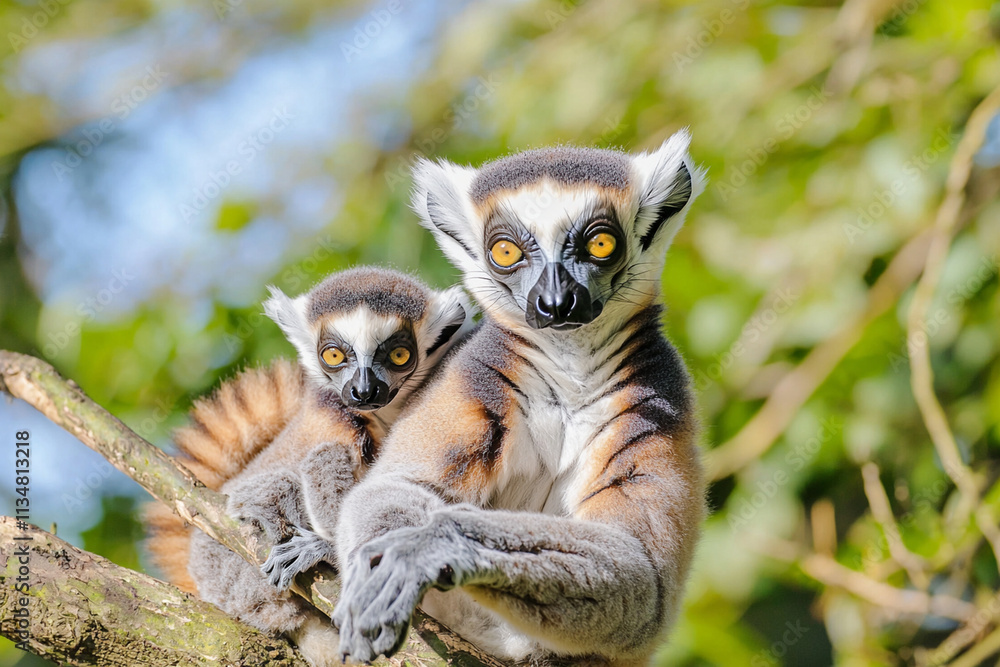 Fototapeta premium Ring-tailed lemurs resting on a branch in the wild