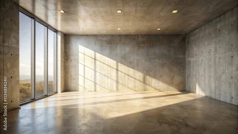 Sunlight streams through a large window into an empty concrete room, casting long shadows across the polished floor, creating a sense of spaciousness and tranquility. Sunlight streams through a large window into an empty concrete room, casting long shadows across the polished floor, creating a sense of spaciousness and tranquility.