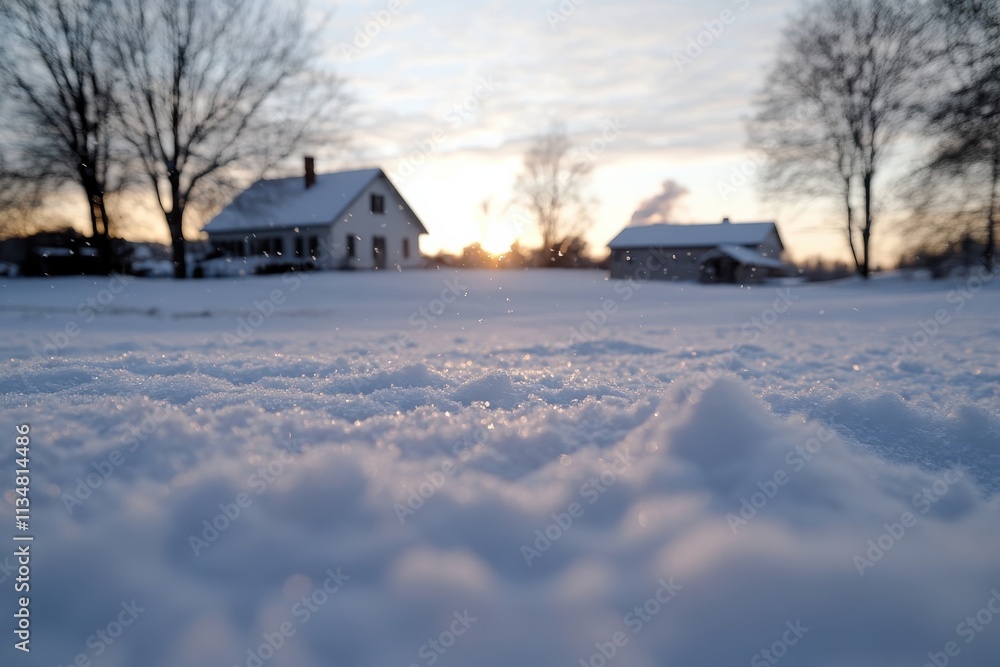 A picturesque winter scene featuring a charming house basking in warm sunset light, surrounded by a blanket of freshly fallen snow highlighting the tranquil beauty of nature. A picturesque winter scene featuring a charming house basking in warm sunset light, surrounded by a blanket of freshly fallen snow highlighting the tranquil beauty of nature.