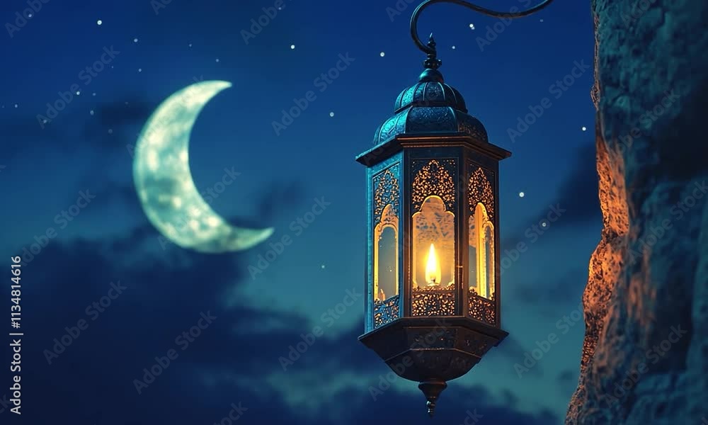 Ornamental Arabic lantern with burning candle glowing isolated blue crescent background. Ramadan greeting video background. Ornamental Arabic lantern with burning candle glowing isolated blue crescent background. Ramadan greeting video background.