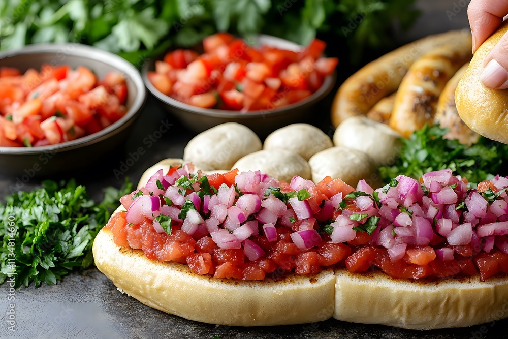 A vibrant sandwich topped with fresh tomato, onion, and herbs, ready for enjoyment. A vibrant sandwich topped with fresh tomato, onion, and herbs, ready for enjoyment.