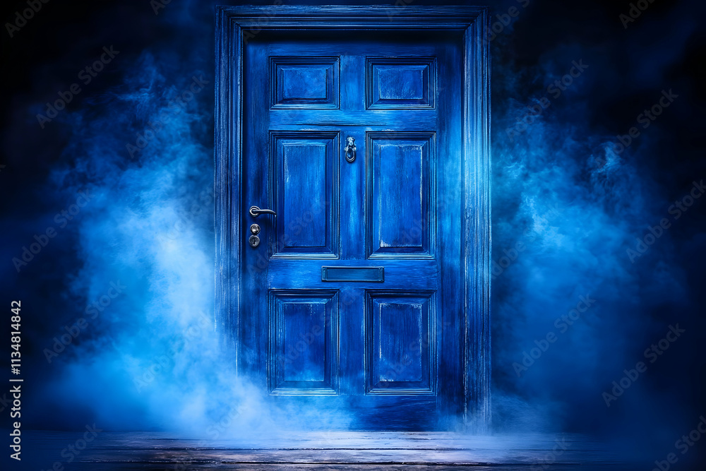 Mysterious blue door in smoky dark room. Mysterious blue door in smoky dark room.