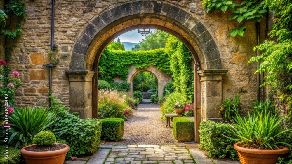 A scenic garden featuring a stone archway leading to a peaceful courtyard, garden, beautiful, stone archway A scenic garden featuring a stone archway leading to a peaceful courtyard, garden, beautiful, stone archway
