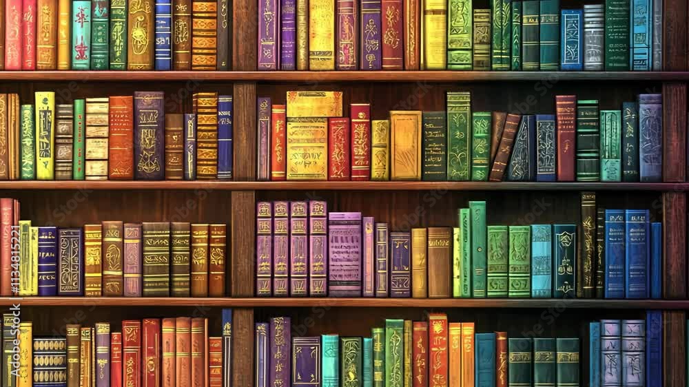 Colorful bookshelf filled with a diverse collection of old and new books organized by spine color in a cozy library setting Colorful bookshelf filled with a diverse collection of old and new books organized by spine color in a cozy library setting
