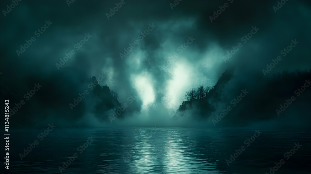 Mysterious foggy lake scene at night with dark mountains. Mysterious foggy lake scene at night with dark mountains.