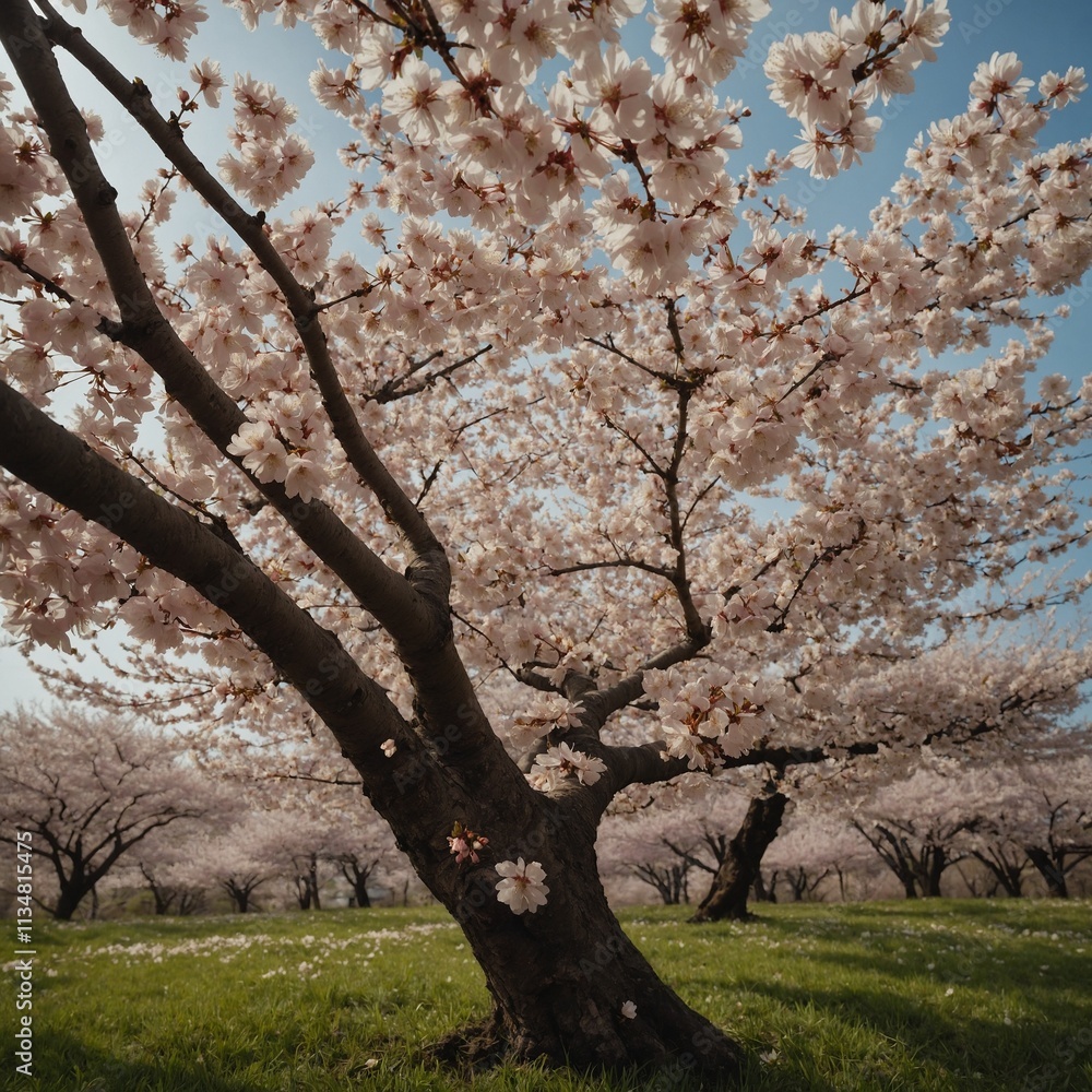 Fototapeta premium A blooming cherry blossom tree with petals drifting in the wind.