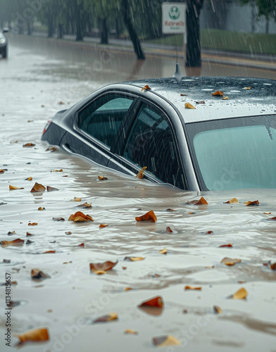 a car in a flooded street. generative ai