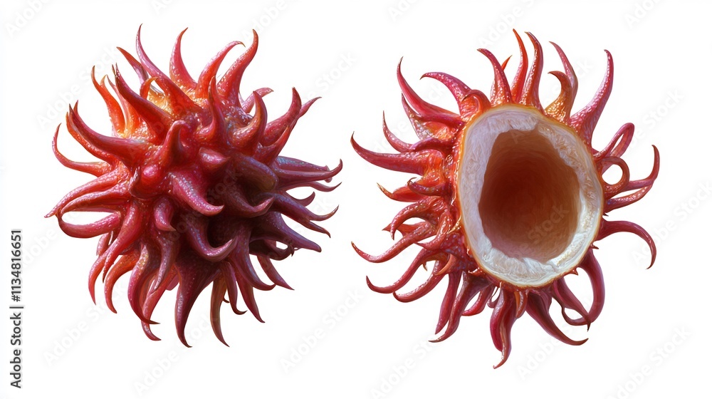 Stunning 3D Render of a Red Spiky Seed Pod, Open and Closed Stunning 3D Render of a Red Spiky Seed Pod, Open and Closed