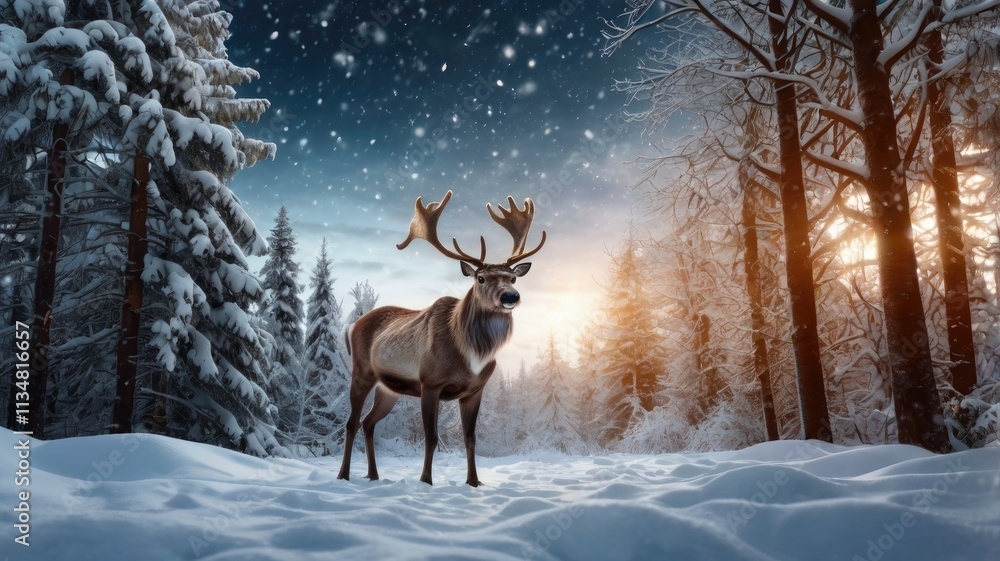 deer in the snow, deer in winter, deer in the snow, Christmas with magical scene of a reindeer in center in snowy forest with Christmas trees deer in the snow, deer in winter, deer in the snow, Christmas with magical scene of a reindeer in center in snowy forest with Christmas trees