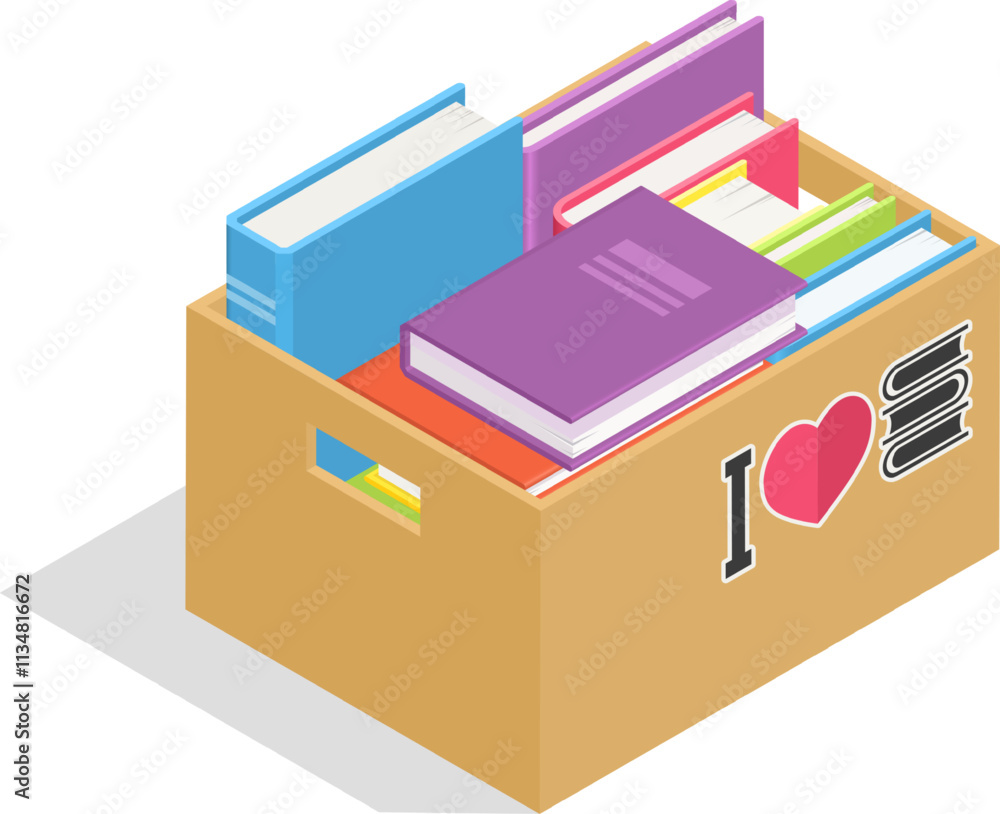 Cardboard box containing colorful books with an i love books sticker promotes the joy and importance of reading, symbolizing a passion for literature and knowledge Cardboard box containing colorful books with an i love books sticker promotes the joy and importance of reading, symbolizing a passion for literature and knowledge