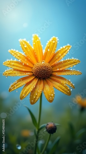 Vibrant Dew-Kissed Yellow Flower in a Serene Garden Setting A Stunning Macro Photography