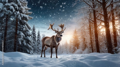 deer in the snow, deer in winter, deer in the snow, Christmas with magical scene of a reindeer in center in snowy forest with Christmas trees