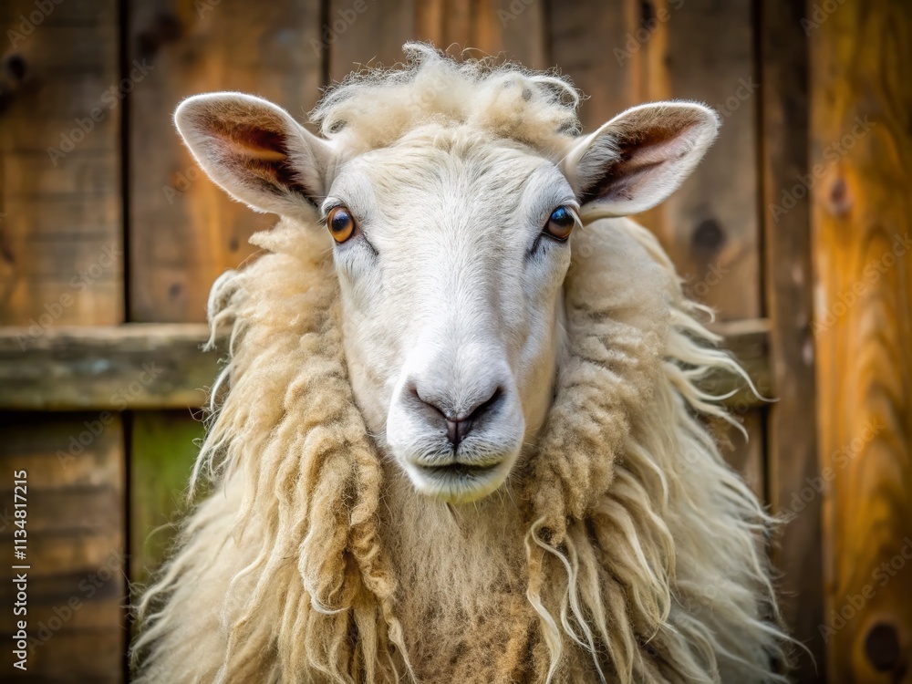 Charming White Border Leicester Ewe in Zoo Setting: A Glimpse into One of England's Oldest Long-Haired Sheep Breeds Against a Rustic Wooden Background