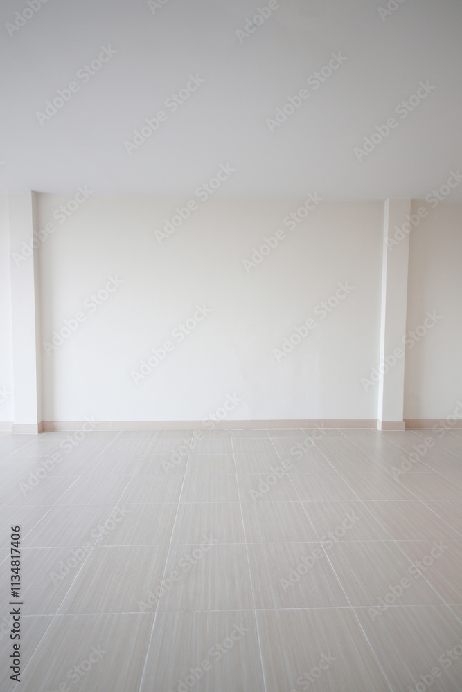 White room for the background. empty room interior, white mortar wall and clean tile floor in a new house White room for the background. empty room interior, white mortar wall and clean tile floor in a new house