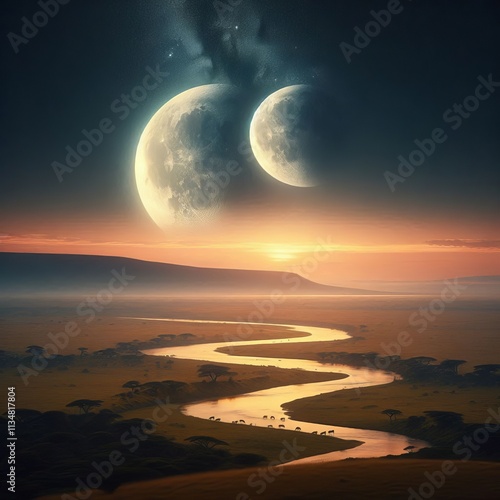 Serengeti with Twin Moons The vast plains of the Serengeti are i