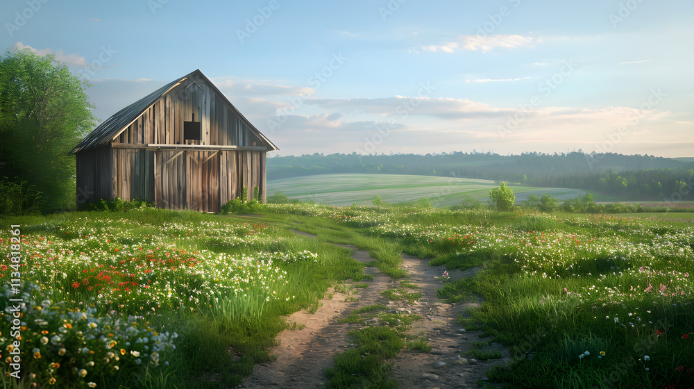 Rustic Barn in Verdant Countryside with Rolling Green Fields and Serene Landscape Rustic Barn in Verdant Countryside with Rolling Green Fields and Serene Landscape