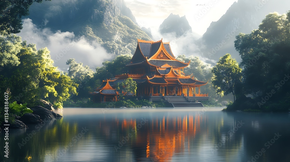 Obraz premium Serene reflection of ancient architecture in tranquil nature scene