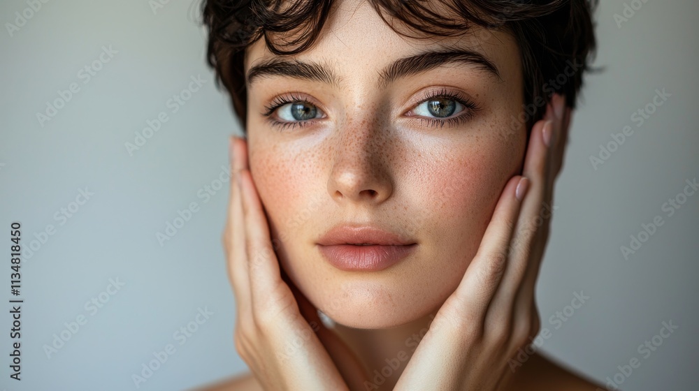Portrait of a young woman with short hair and glowing skin Portrait of a young woman with short hair and glowing skin