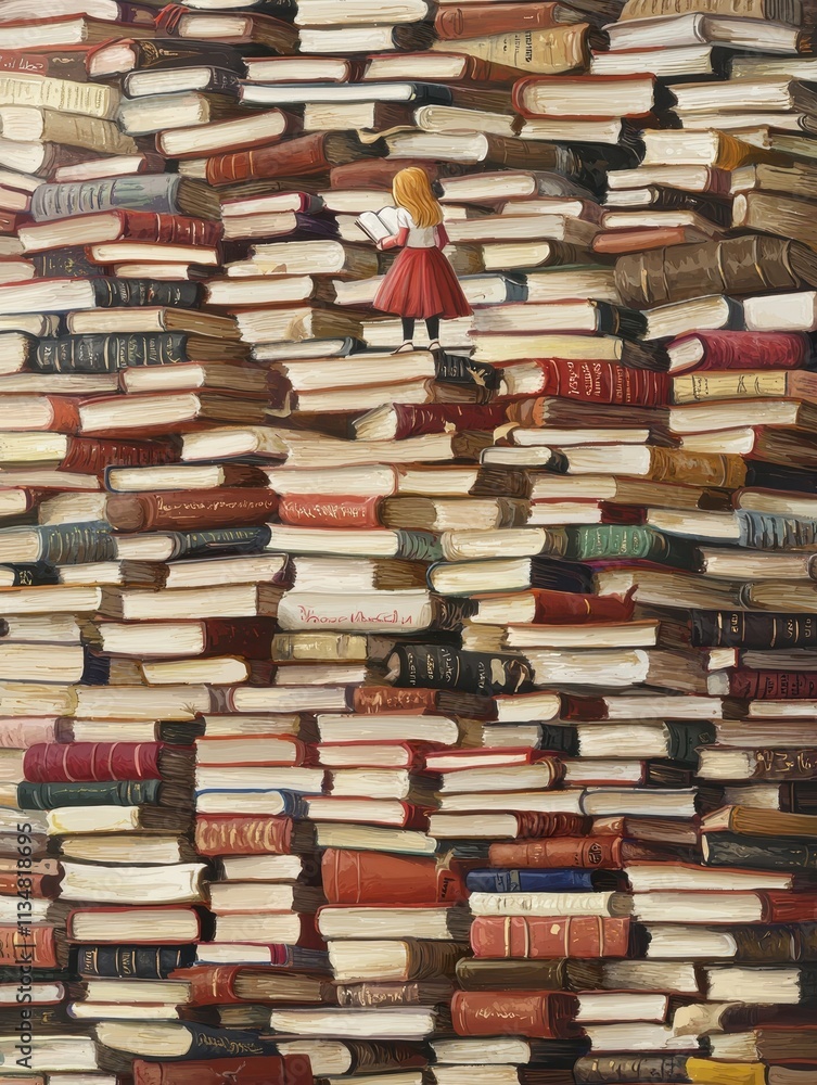Exploring knowledge young girl amongst towering books library digital art cozy environment upward perspective imagination Exploring knowledge young girl amongst towering books library digital art cozy environment upward perspective imagination