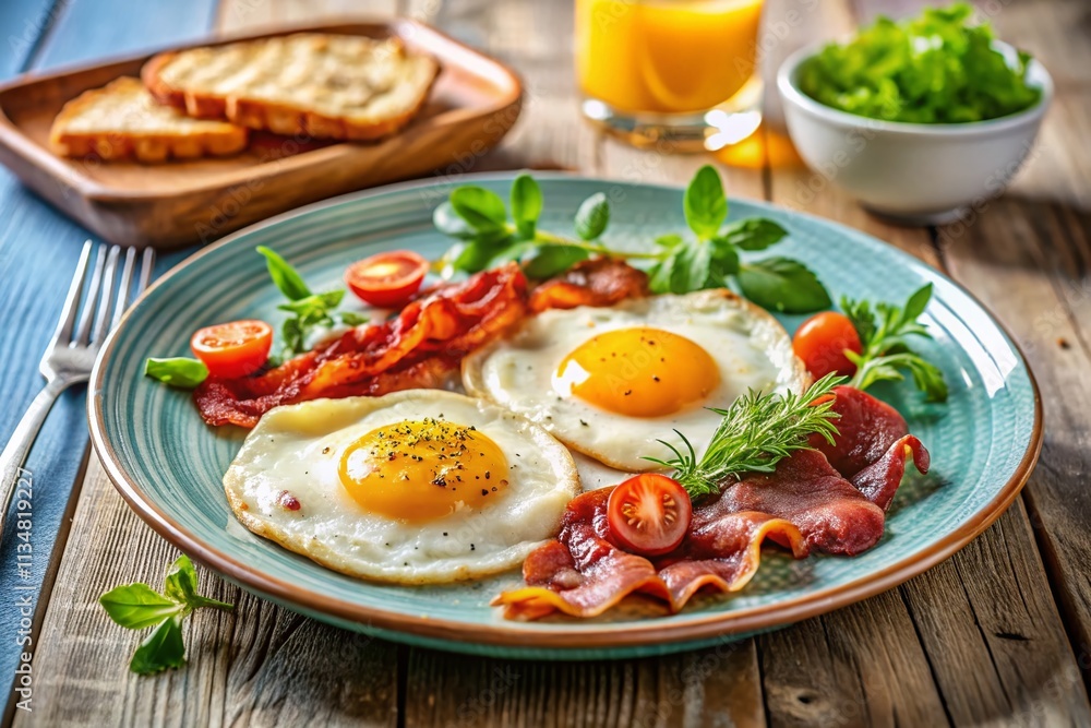 Classic Breakfast Delight: Fried Eggs and Crispy Bacon on a Plate with Copy Space for Culinary Illustrations of a Delicious Morning Meal Classic Breakfast Delight: Fried Eggs and Crispy Bacon on a Plate with Copy Space for Culinary Illustrations of a Delicious Morning Meal