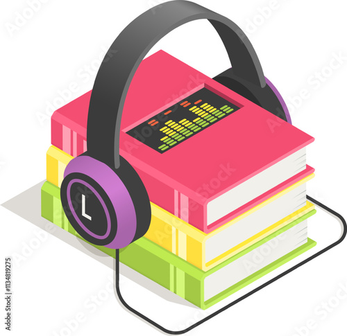 Headphones are playing an audiobook from a stack of colorful books, with a digital equalizer display showing the audio levels on the top book, representing the concept of audiobooks and learning