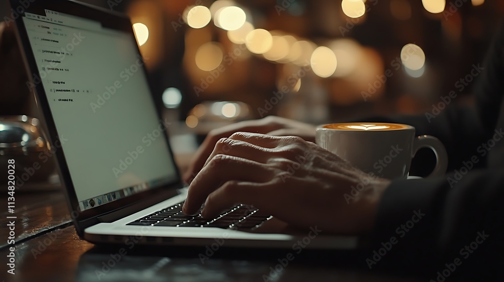 Typing on laptop at coffee shop urban evening vibes creative work