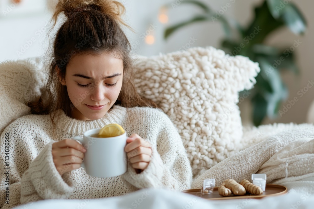 A young woman cuddles up with a warm cup of tea, enjoying a moment of comfort and relief while wrapped in cozy blankets at home, the perfect winter retreat. A young woman cuddles up with a warm cup of tea, enjoying a moment of comfort and relief while wrapped in cozy blankets at home, the perfect winter retreat.