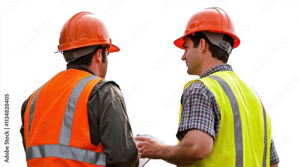 Two Construction Workers Reviewing Plans at a Construction Site, Wearing Safety Gear Including Orange Hard Hats and High-Visibility Vests for Site Safety and Compliance Two Construction Workers Reviewing Plans at a Construction Site, Wearing Safety Gear Including Orange Hard Hats and High-Visibility Vests for Site Safety and Compliance