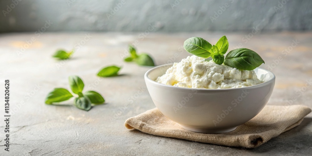 Fresh creamy ricotta cheese in a white bowl garnished with basil leaves on a rustic table Fresh creamy ricotta cheese in a white bowl garnished with basil leaves on a rustic table