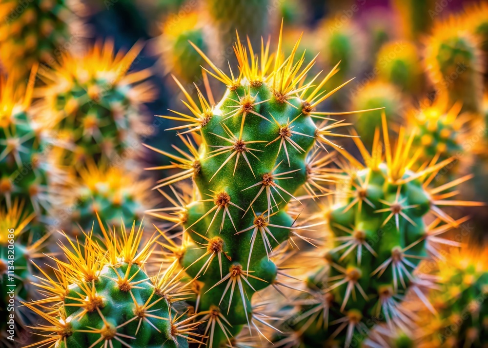 Close-Up Detail of Spiky Cholla Cactus Thorns Against a Vibrant Desert Background, Showcasing Nature's Intricate Textures and Unique Flora of Arid Environments Close-Up Detail of Spiky Cholla Cactus Thorns Against a Vibrant Desert Background, Showcasing Nature's Intricate Textures and Unique Flora of Arid Environments