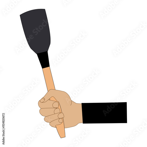 Kitchen steel utensils and kitchenware. Hands holding frying pan and plastic slotted spatula, ceramic dish, stainless fork, spoon wooden
