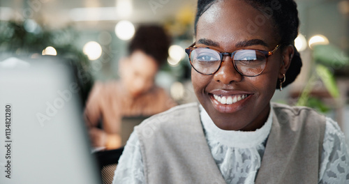 Glasses, computer and smile with business woman in office for planning, website and email. Company newsletter, project and internet with employee in agency for technology, professional and search