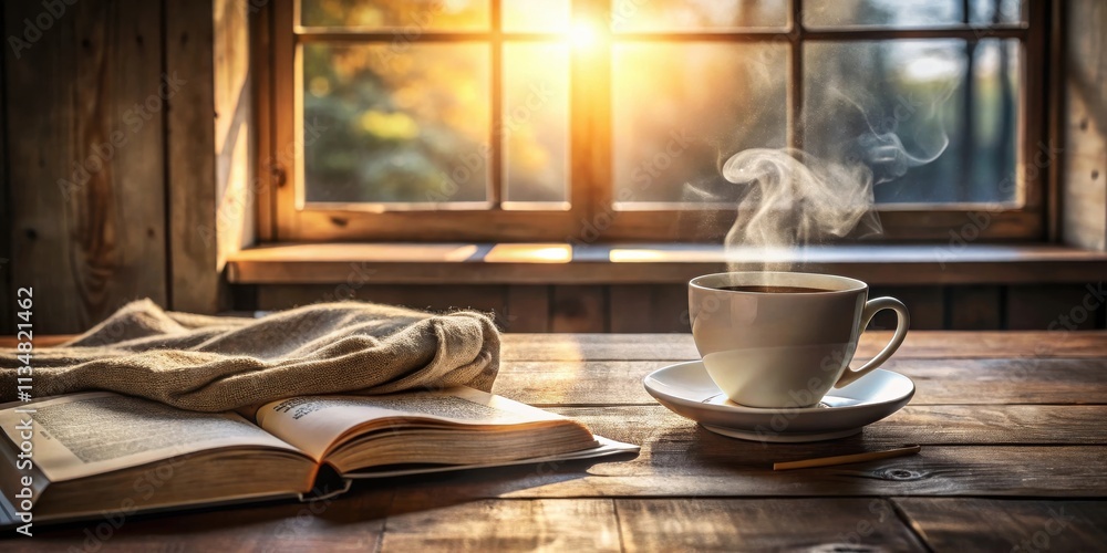A steaming cup of coffee sits on a wooden table beside an open book and a cozy sweater with the morning sun streaming through the window. A steaming cup of coffee sits on a wooden table beside an open book and a cozy sweater with the morning sun streaming through the window.