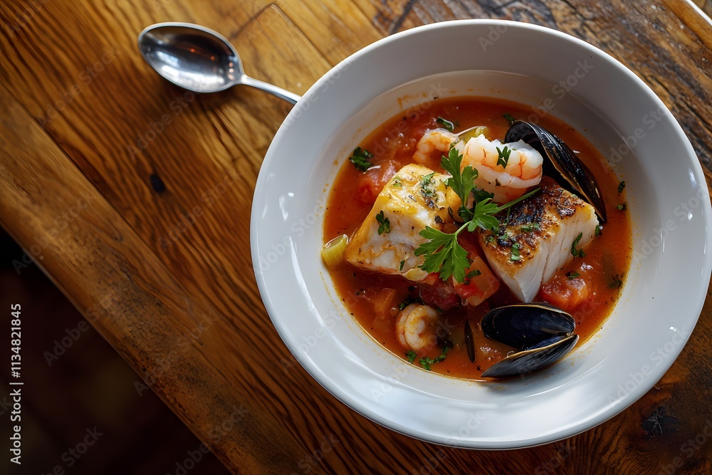 Elegant bouillabaisse seafood stew in bowl with fish and mussels on a wooden table. Elegant bouillabaisse seafood stew in bowl with fish and mussels on a wooden table.