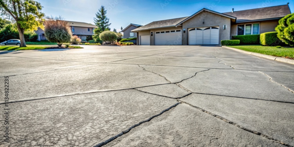 Fototapeta premium A cracked and weathered concrete driveway leading to a suburban house with a garage and a lush green lawn