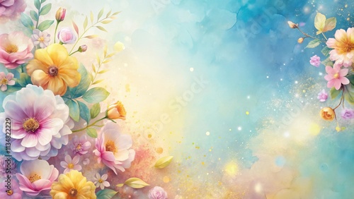 A delicate watercolor painting featuring blooming flowers with soft petals, vibrant colors, and a dreamy, ethereal background.