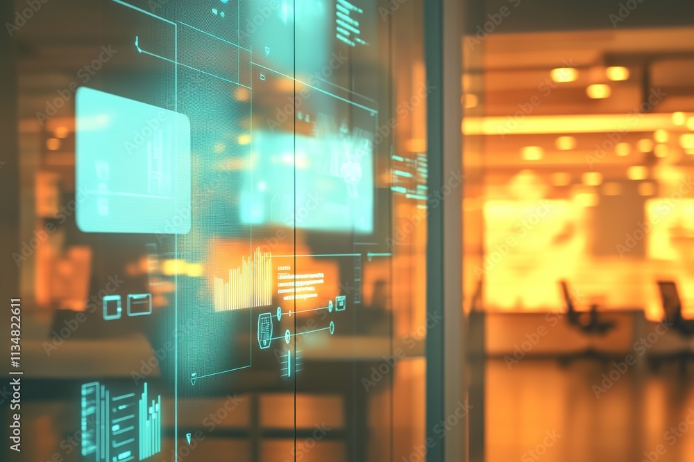 modern workspace featuring glowing digital interfaces projected on glass walls with blurred office backdrop