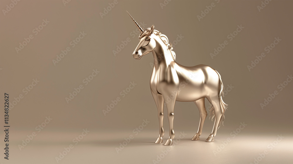 Fototapeta premium Minimalist golden unicorn sculpture with a reflective surface, showcased on a golden background, exuding elegance and luxury. 3d render