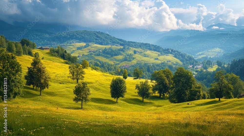 Obraz premium Rolling Hills with Trees and Meadows