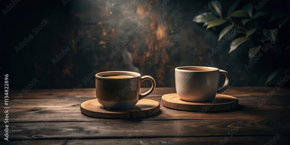 Two steaming mugs of coffee rest on wooden coasters, set against a dark, textured backdrop with a single leaf branch reaching into the scene. Two steaming mugs of coffee rest on wooden coasters, set against a dark, textured backdrop with a single leaf branch reaching into the scene.