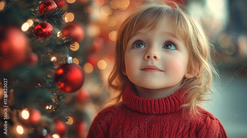 Cozy Winter Scene with Happy African-American Girl in Red Sweater by Christmas Tree Cozy Winter Scene with Happy African-American Girl in Red Sweater by Christmas Tree