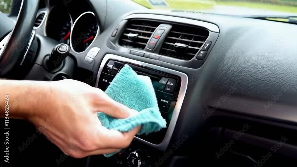 A person is cleaning the dashboard of a car with a blue cloth. The car is parked on a road A person is cleaning the dashboard of a car with a blue cloth. The car is parked on a road