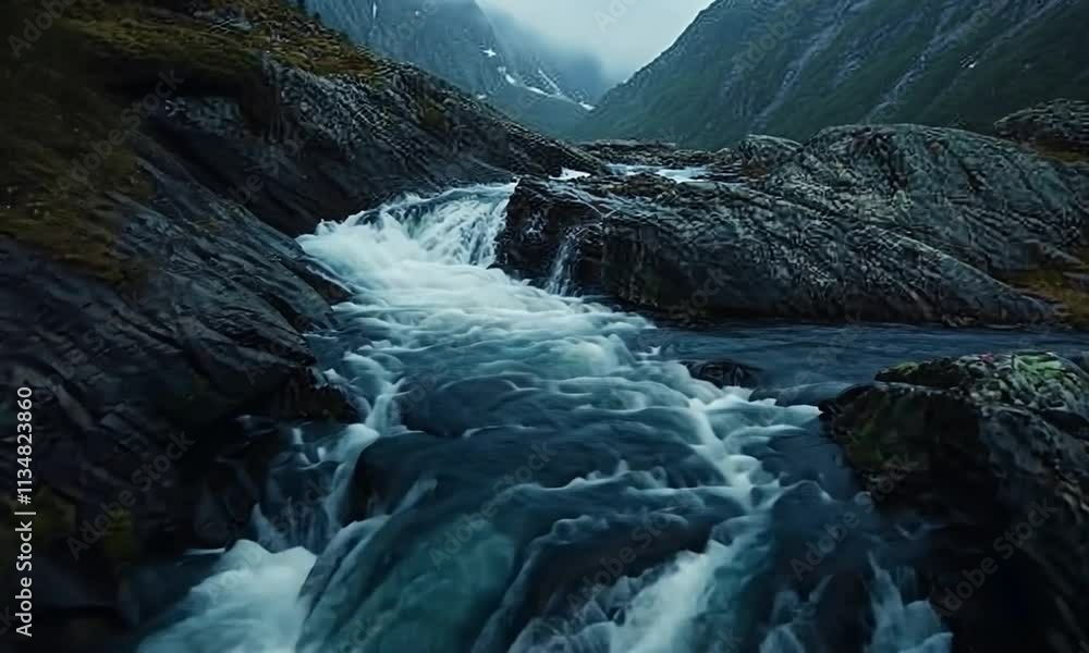 A serene river flows through rocky terrain, surrounded by misty mountains and lush greenery.