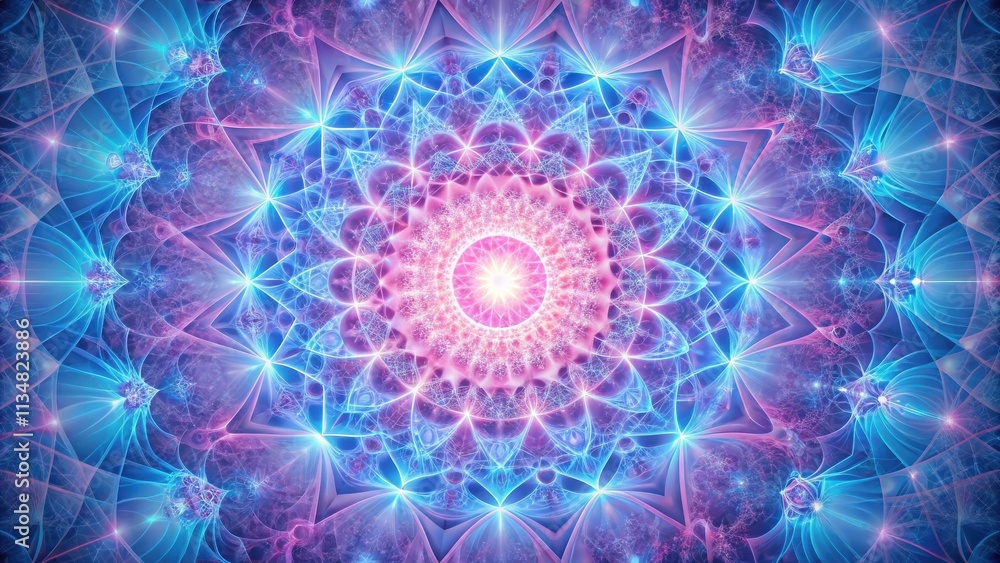 Intricate Light Patterns with a Central Glowing Core in a Kaleidoscopic Design of Pink and Blue Hues Intricate Light Patterns with a Central Glowing Core in a Kaleidoscopic Design of Pink and Blue Hues